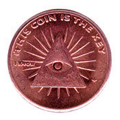 A coin that resembles a penny, from the iKnow.tv campaign