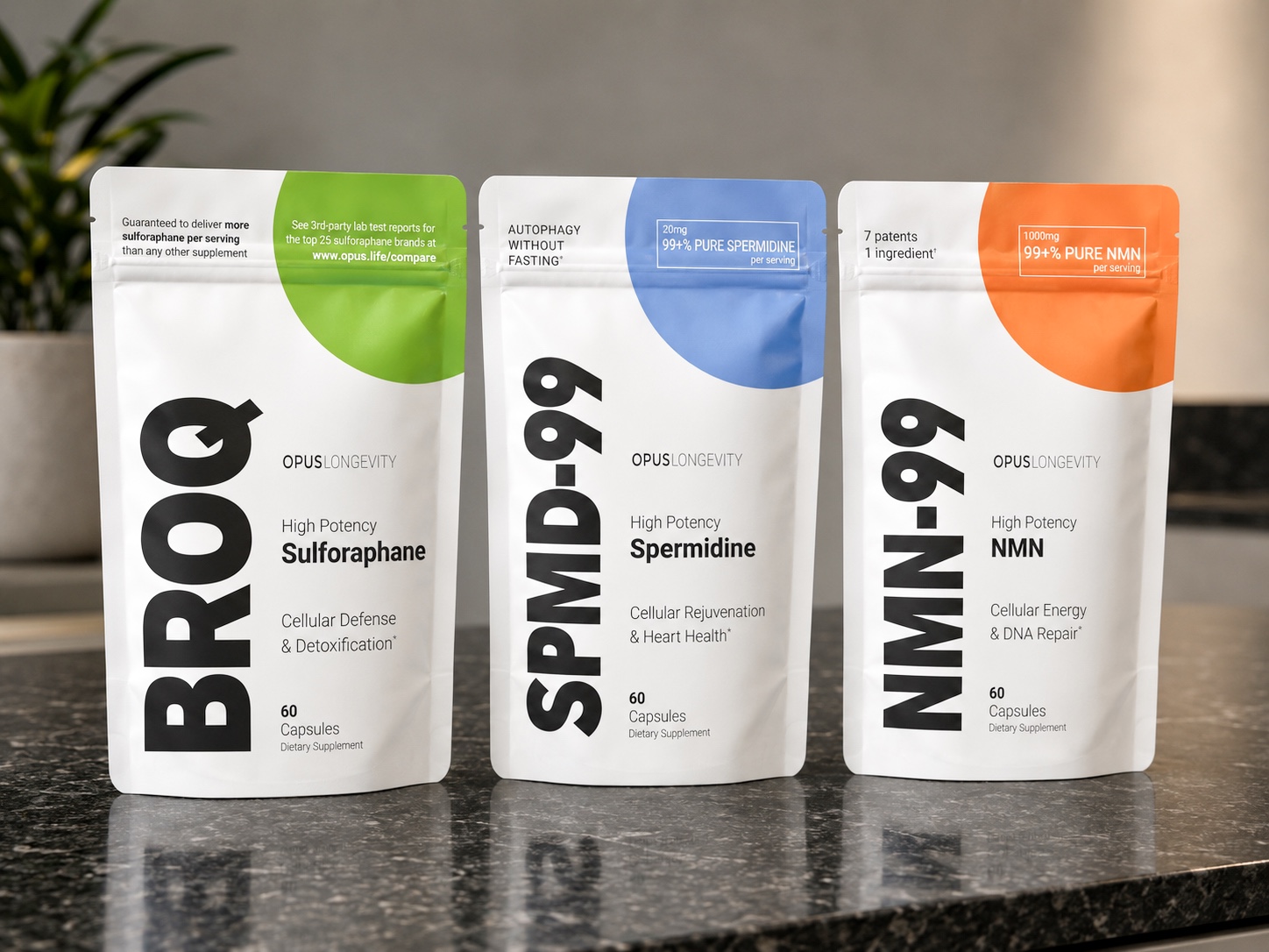 The Opus Longevity product family: BROQ, SPMD-99 and NMN-99 pouches